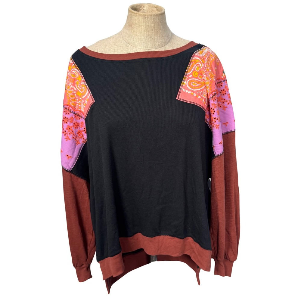We The Free People Feeling It Tee S Black Brown Patchwork Top Boho Fall Hippie